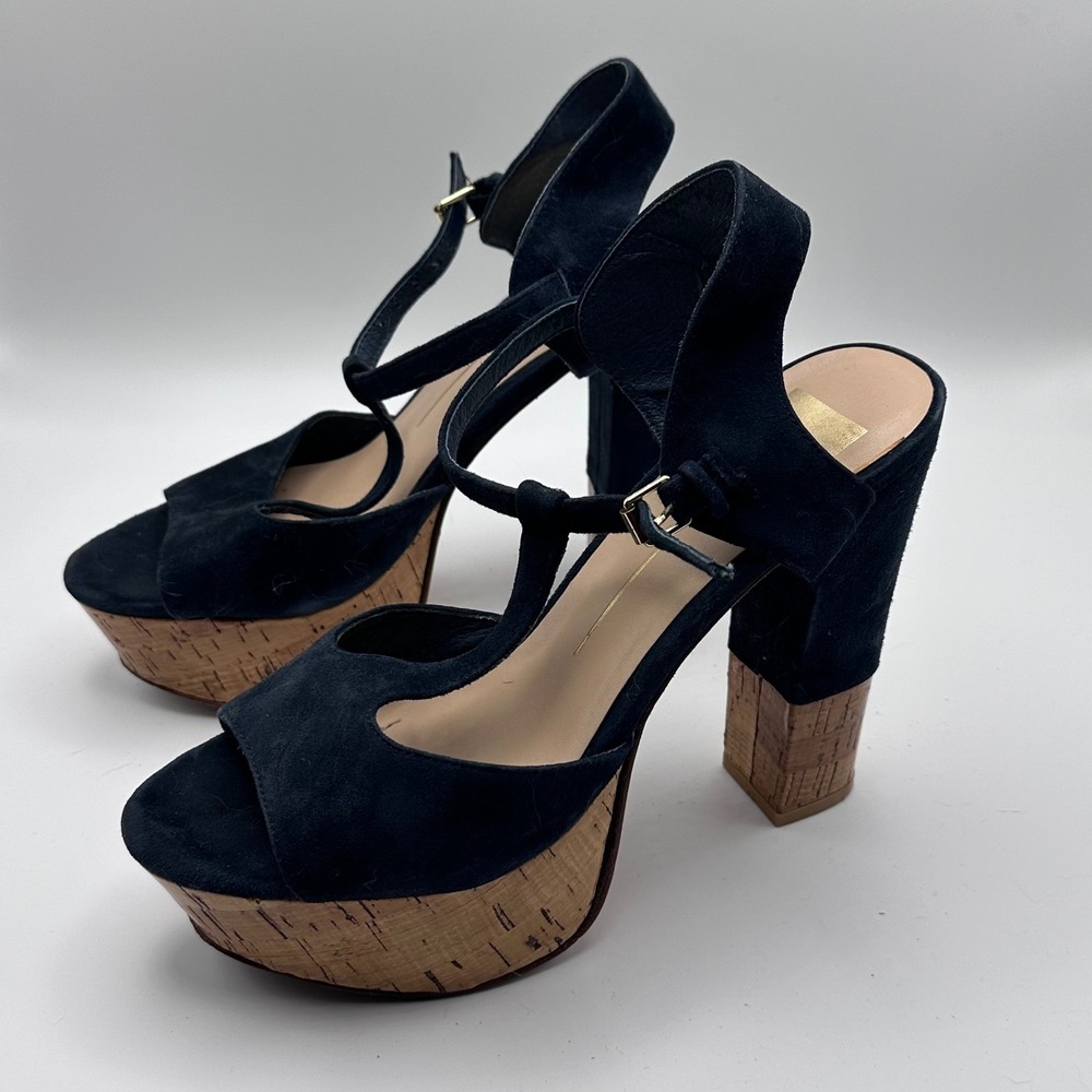 Dolce Vita Navy Suede Cork Platform T-Strap Block Heel Sandals Womens 7.5